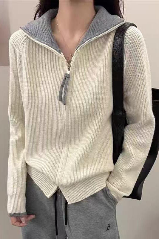 Gentle Commuter Color-Block Mock Neck Zip Knit Cardigan