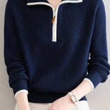 Gentle Commuter Contrast Half-Zip Lapel Knit Top