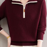 Gentle Commuter Contrast Half-Zip Lapel Knit Top