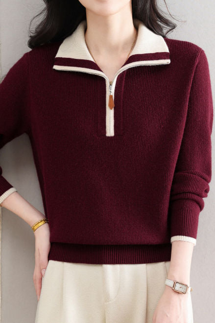 Gentle Commuter Contrast Half-Zip Lapel Knit Top
