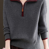 Gentle Commuter Contrast Half-Zip Lapel Knit Top
