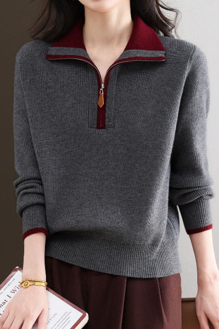 Gentle Commuter Contrast Half-Zip Lapel Knit Top