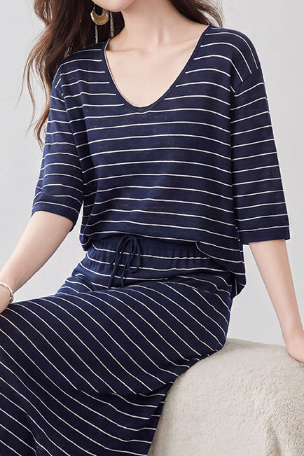 Casual Commuter Striped Knit Set Consisting Of V-Neck T-Shirt & High-Waist Straight Midi Skirt