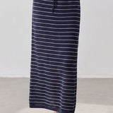 Casual Commuter Striped Knit Set Consisting Of V-Neck T-Shirt & High-Waist Straight Midi Skirt