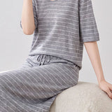 Casual Commuter Striped Knit Set Consisting Of V-Neck T-Shirt & High-Waist Straight Midi Skirt
