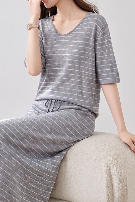 Casual Commuter Striped Knit Set Consisting Of V-Neck T-Shirt & High-Waist Straight Midi Skirt