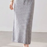 Casual Commuter Striped Knit Set Consisting Of V-Neck T-Shirt & High-Waist Straight Midi Skirt