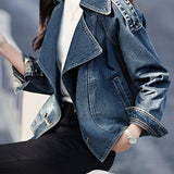 Exquisite Commuter Cropped Denim Jacket With Oversized Lapels & Metal Buttons