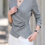 Elegant Commuter V-Neck Cross Ruched Irregular Hem T-Shirt
