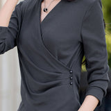 Elegant Commuter V-Neck Cross Ruched Irregular Hem T-Shirt