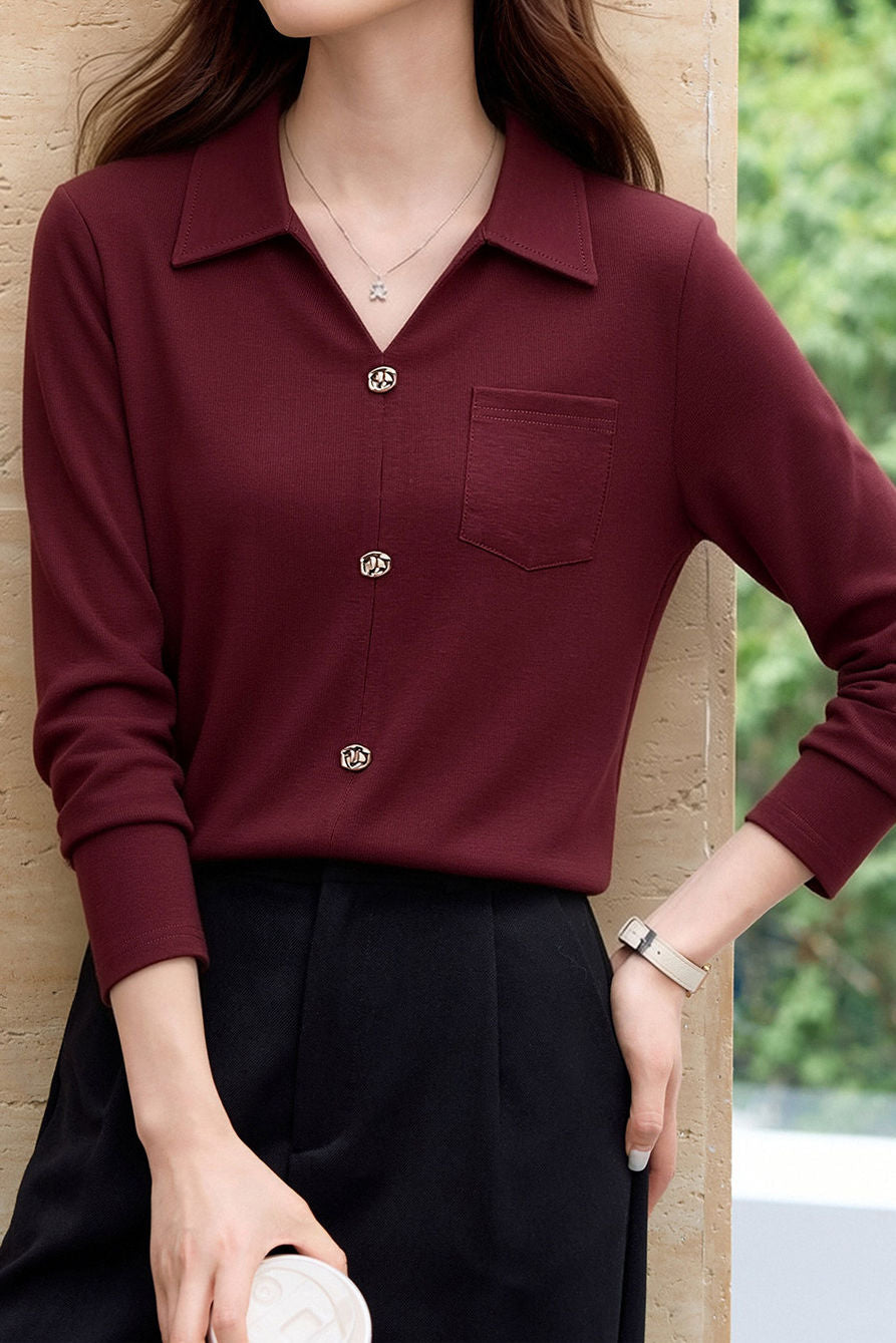 Elegant Commuter Lapel Half-Placket Knit T-Shirt