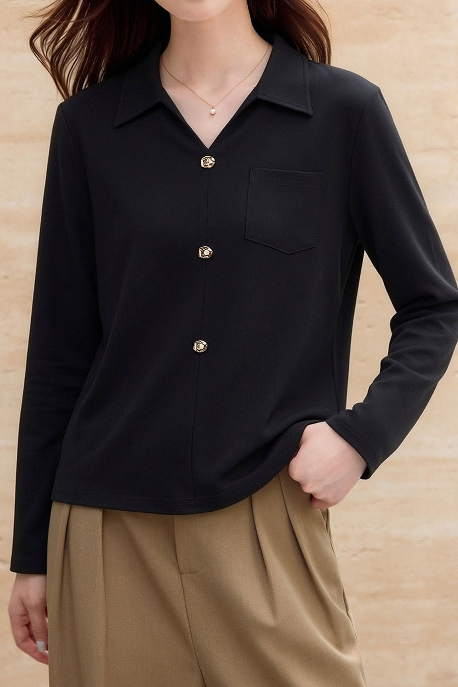 Elegant Commuter Lapel Half-Placket Knit T-Shirt