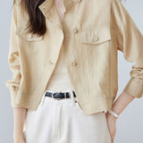 Casual Commuter Cropped Thin Long-Sleeve Cargo Jacket With Stand Collar & Double Patch Pockets