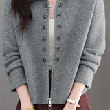 Elegant Commuter Lapel Zip & Button Long-Sleeve Knit Cardigan