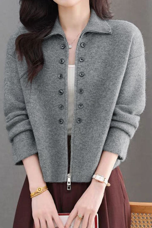 Elegant Commuter Lapel Zip & Button Long-Sleeve Knit Cardigan