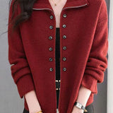 Elegant Commuter Lapel Zip & Button Long-Sleeve Knit Cardigan