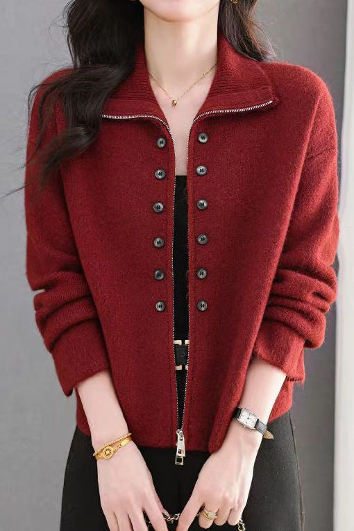 Elegant Commuter Lapel Zip & Button Long-Sleeve Knit Cardigan