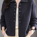 Elegant Commuter Lapel Zip & Button Long-Sleeve Knit Cardigan