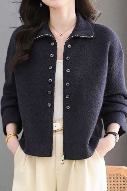 Elegant Commuter Lapel Zip & Button Long-Sleeve Knit Cardigan