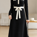 Elegant Date-Style V-Neck Dress With Contrast Waist Tie & A-Line Skirt