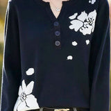Elegant Commuter V-Neck Jacquard Long Sleeve Knit Top
