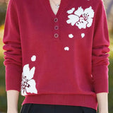 Elegant Commuter V-Neck Jacquard Long Sleeve Knit Top