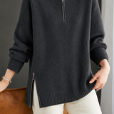 Casual Elegant Split Hem Half-Zip Long Sleeve Knit Top
