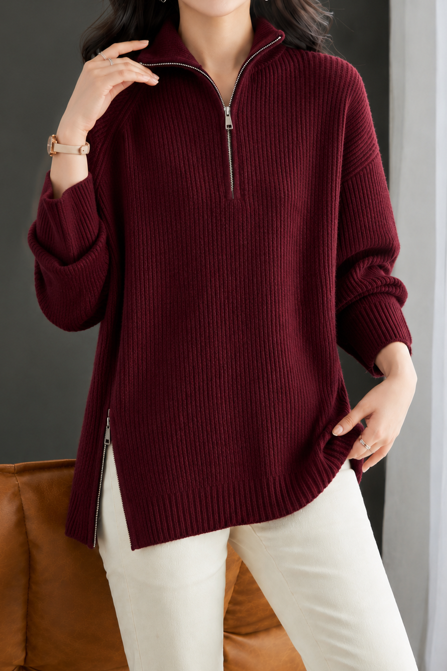 Casual Elegant Split Hem Half-Zip Long Sleeve Knit Top