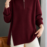 Casual Elegant Split Hem Half-Zip Long Sleeve Knit Top