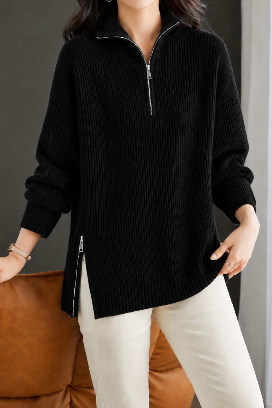 Casual Elegant Split Hem Half-Zip Long Sleeve Knit Top