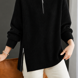 Casual Elegant Split Hem Half-Zip Long Sleeve Knit Top