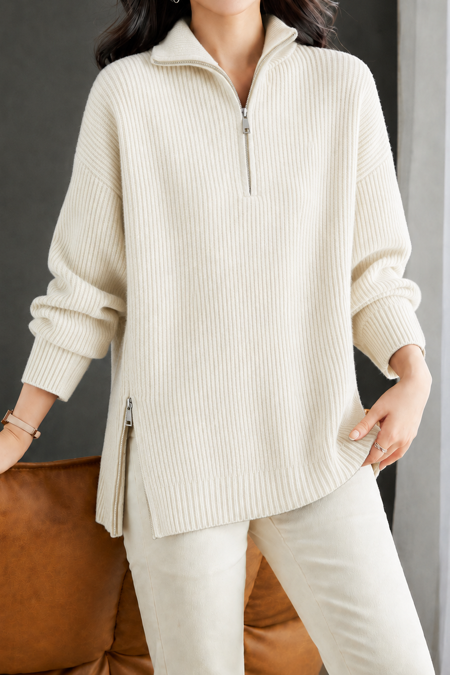 Casual Elegant Split Hem Half-Zip Long Sleeve Knit Top