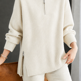 Casual Elegant Split Hem Half-Zip Long Sleeve Knit Top