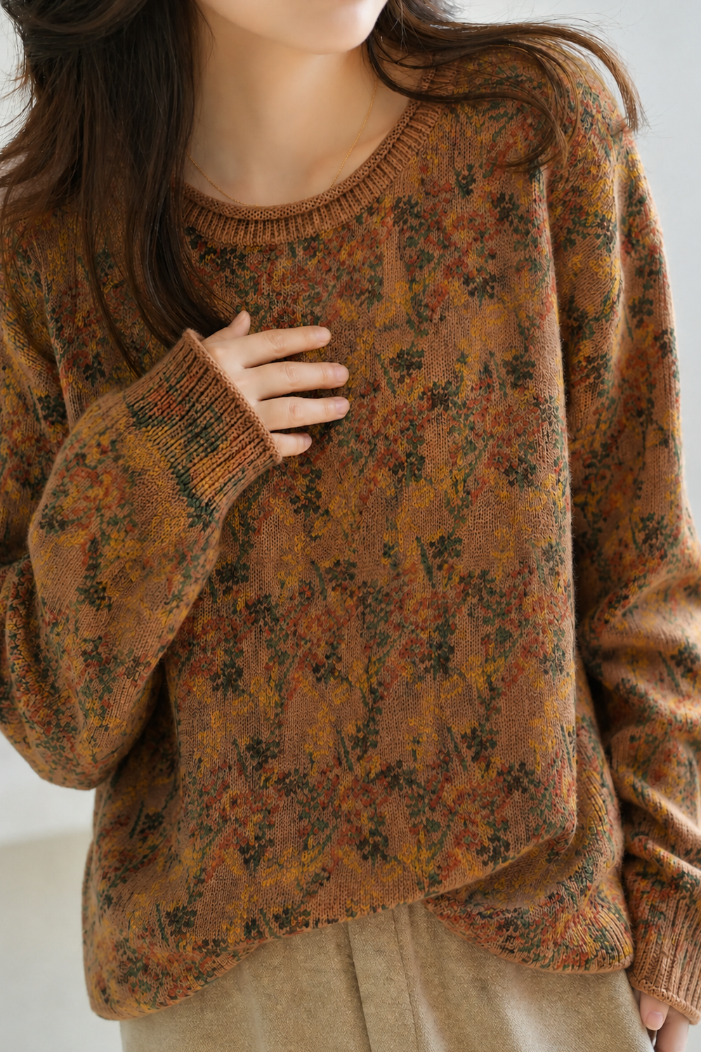 Lazy Commuter Vintage Floral Drop Shoulder Long Sleeve Sweater