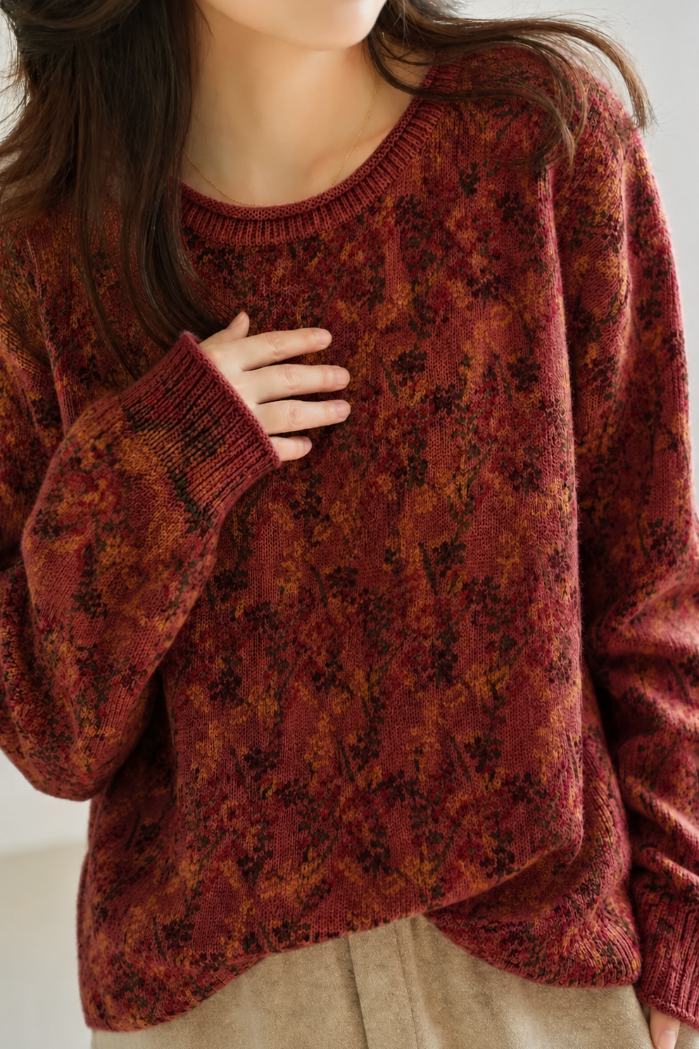 Lazy Commuter Vintage Floral Drop Shoulder Long Sleeve Sweater