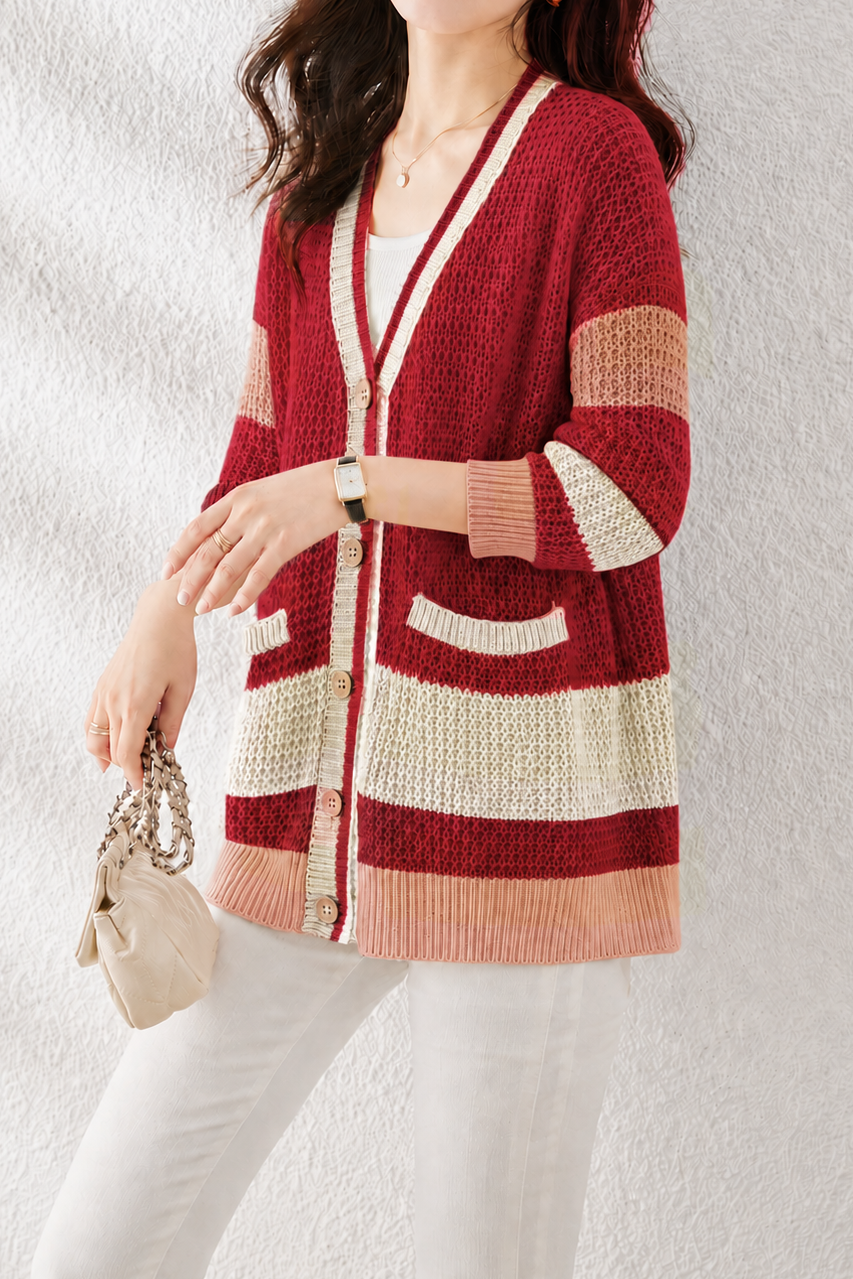 Casual Commuter Color-Block Chunky Knit V-Neck Hollow Knit Cardigan