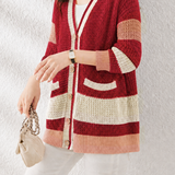 Casual Commuter Color-Block Chunky Knit V-Neck Hollow Knit Cardigan