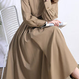 Elegant Commuter Lapel Waist-Cinched Long-Sleeve Shirt Dress