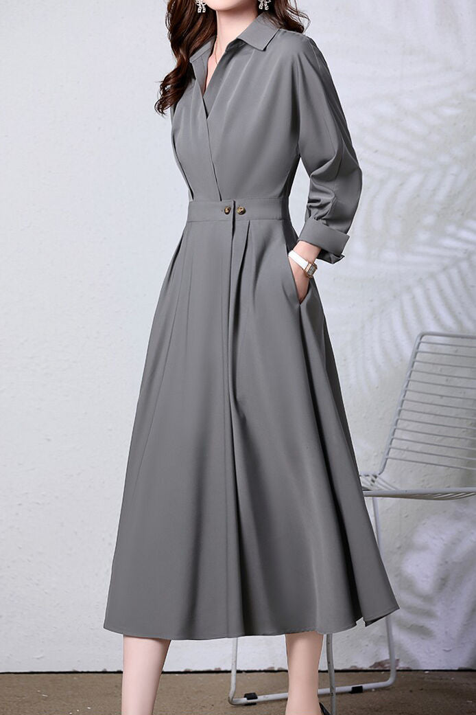 Elegant Commuter Lapel Waist-Cinched Long-Sleeve Shirt Dress