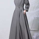 Elegant Commuter Lapel Waist-Cinched Long-Sleeve Shirt Dress