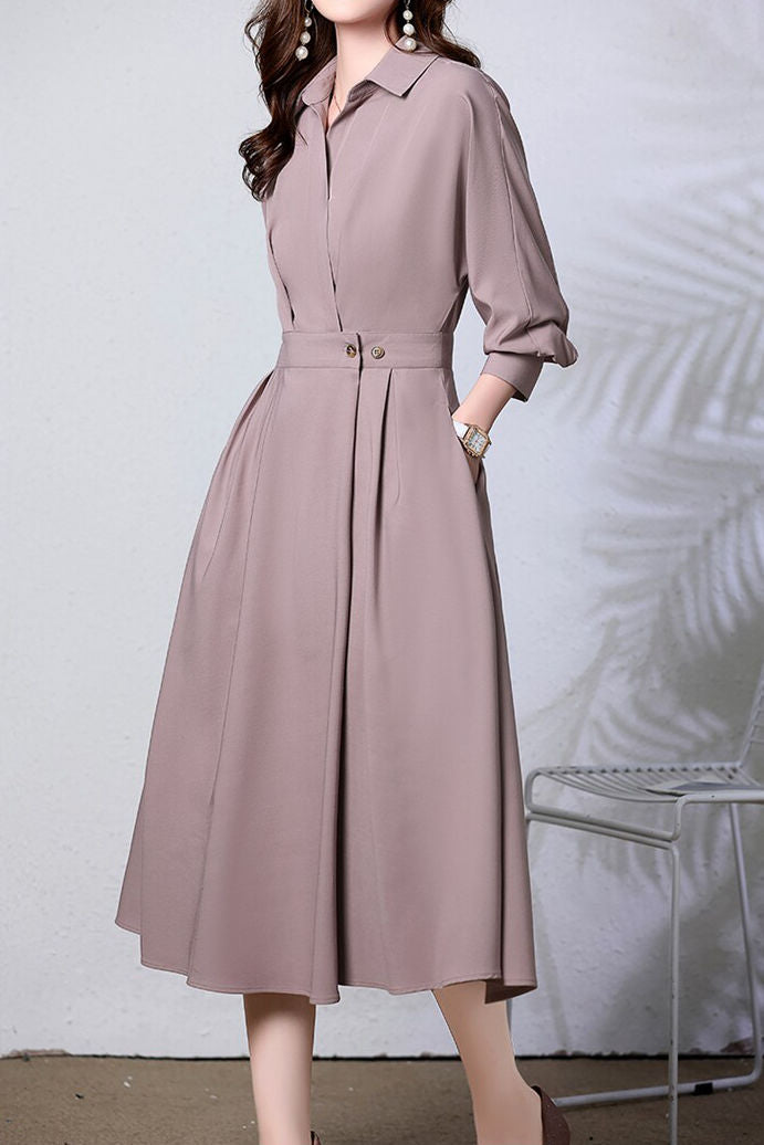 Elegant Commuter Lapel Waist-Cinched Long-Sleeve Shirt Dress