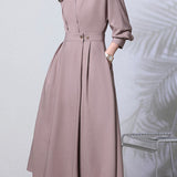 Elegant Commuter Lapel Waist-Cinched Long-Sleeve Shirt Dress