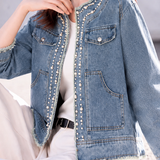 Exquisite Commuter Crew Neck Beaded Denim Jacket