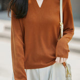 Elegant Commuter V-Neck Knit Top With Fishbone Texture