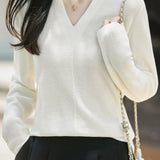 Elegant Commuter V-Neck Knit Top With Fishbone Texture