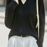 Elegant Commuter V-Neck Knit Top With Fishbone Texture