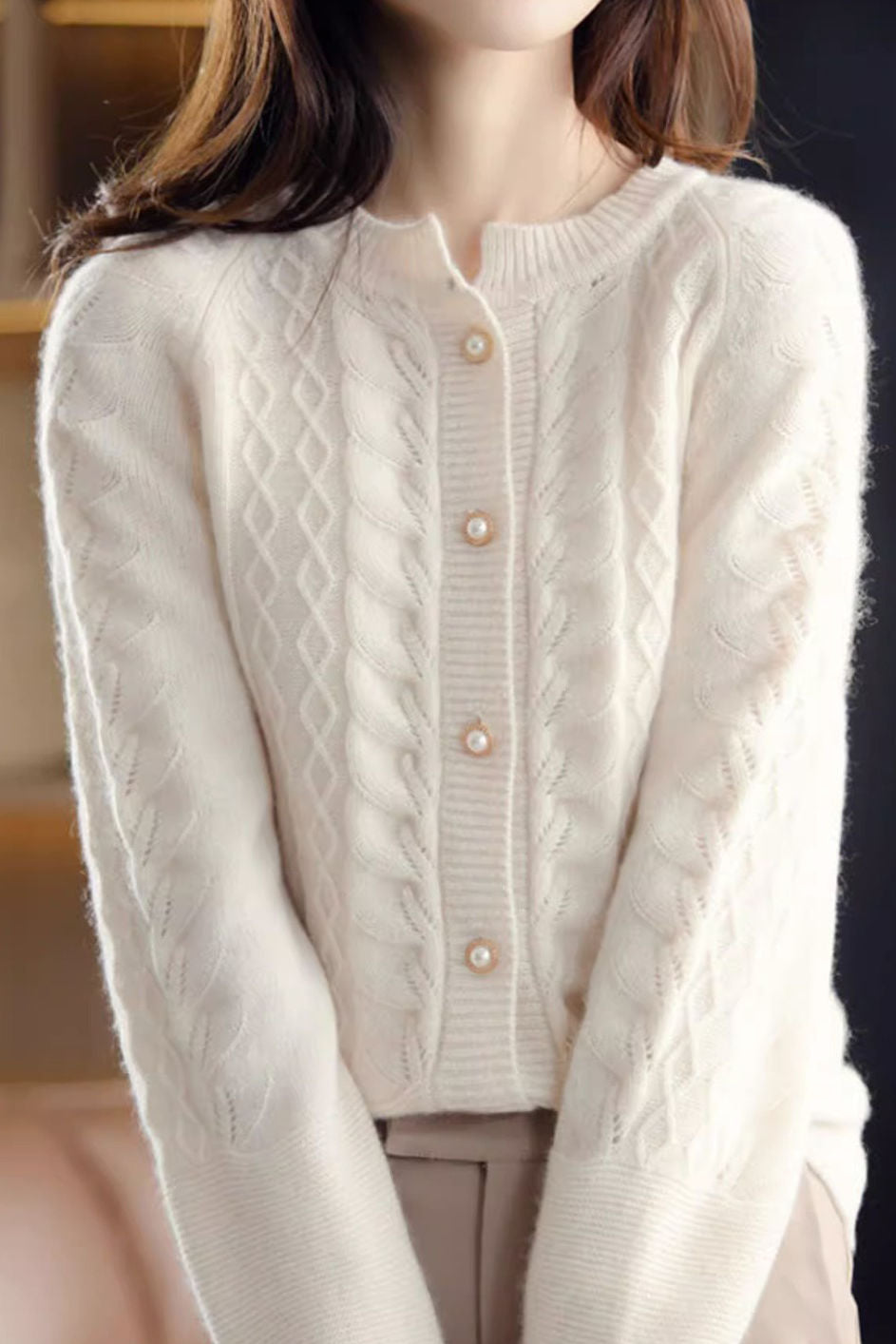 Gentle Commuter Crew Neck Cable Diamond Knit Cardigan