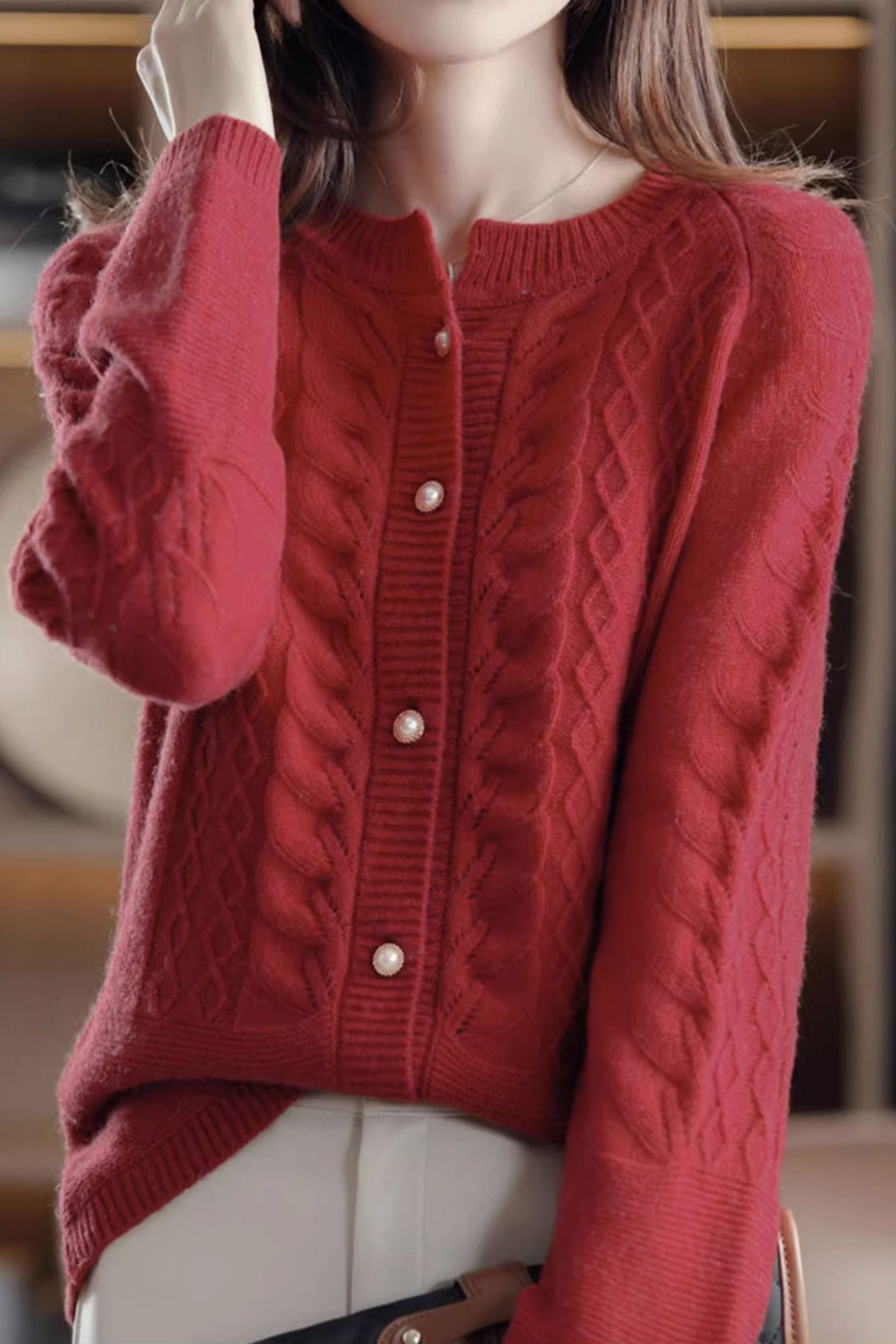 Gentle Commuter Crew Neck Cable Diamond Knit Cardigan