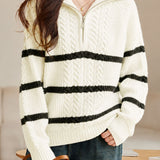 Vintage Commuter Black Stripe Color Contrast Cable Texture Pullover Sweater