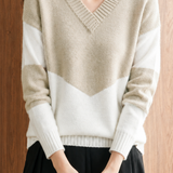 Casual Commuter Color Contrast Deep V-Neck Pullover Knit Top